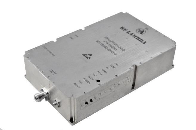 100W Wide Band Power Amplifier 6GHz~18GHz Features Wideband Solid State Power Amplifier Psat: +50dBm Gain: 75 db Typical Supply Voltage: +48V On board microprocessor driven bias controller.