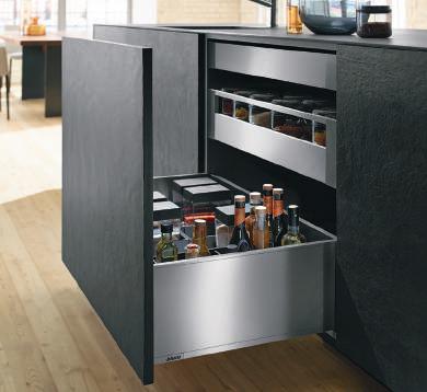 DRAWERS AND BOX RUNNERS SYSTEMS Blum LEGRABOX F Height LEGRABOX F height Pot drawer Concealed, guided, full extension Integrated BLUMOTION soft close Front height 75 mm (Bottom drawer 8 mm overlay)