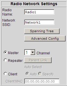 2 Radio Network settings The following fields appear in the Radio Network Settings area at the left side of the Radio Configuration window.