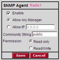 RLX-IH 802.11b Radio Configuration / Diagnostic Utility 4.4.1 SNMP Agent settings This configuration page opens when you click the SNMP button on the Radio Configuration form.