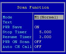 SCREEN MENU OPERATION PMR 5 5-5 SCAN FUNCTION Mode Selects scanning mode from the Mode 1, 2, 3 and OFF. Mode 1 : Normal scan. Scans all Tag (Inh) or Tag (Ena) selected channels.