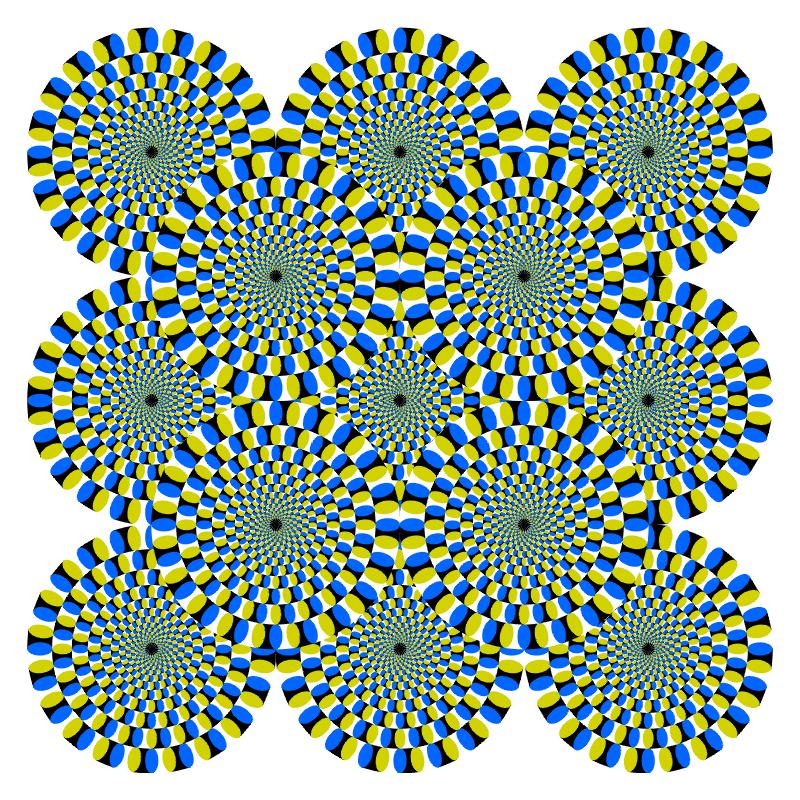 Visual Illusions (2) Rotating snake illusion Rotation occurs in relation to eye movement Effect vanishes on steady fixation Illusion does not