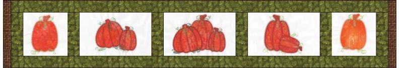 Lay out six green 2 x 6" sashing strips, two single tall pumpkin embroidery blocks, the triple pumpkin embroidery block and the