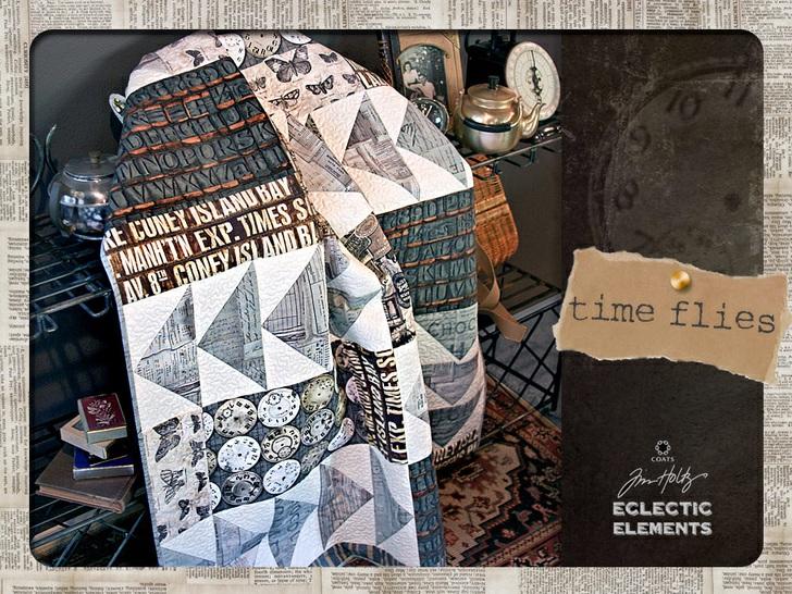 Published on Sew4Home Time Flies Quilt in Eclectic Elements by Tim Holtz Editor: Liz Johnson Wednesday, 15 October 2014 1:00 Flying geese blocks, combined with the unique vintage motifs in the