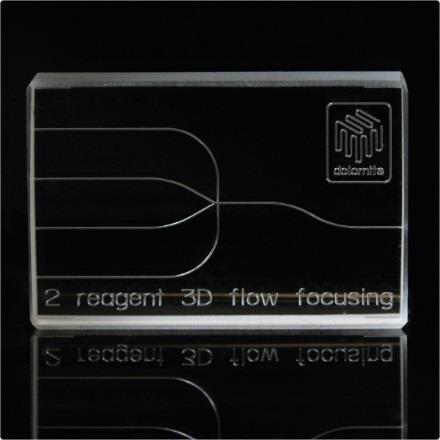 3D Flow Focusing Chip - 100µm - 2 Reagent: similar to the chip above, this chip features two separate inputs for the droplet fluid, allowing in-droplet mixing, in-droplet reactions or formation of