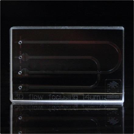 3D Flow Focusing Chip - 14µm: suitable for generating droplets between 5-12µm depending on fluid properties. Available in Hydrophilic (Part No. 3200437) and Hydrophobic (Part No. 3200438) versions. N.B.