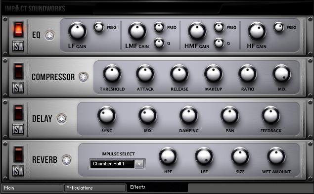 FX RACK The Effects tab lets you use some handy built-in FX units such as a parametric 4-band EQ, analog-modeled compressor, synced delay, and convolution reverb!