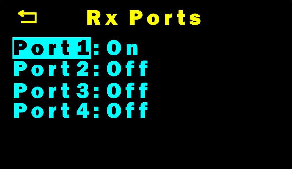 Setup Menu Rx Ports Figure 11 Rx Ports menu The Rx Ports menu lets you enable (turn On) or disable (turn Off) each of