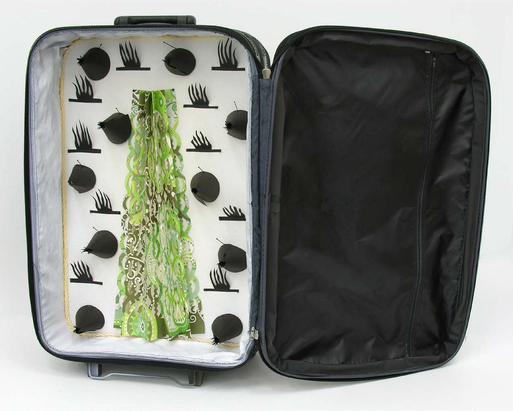 Artwork used in Art Suitcase: Outreach Lonnie Hutchinson Above Lonnie Hutchinson On Route to Hokitika 2008 suitcase, black builders paper, wallpaper, pins Auckland Art Gallery Toi o Tāmaki