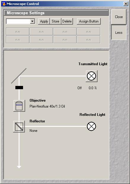 Microscope Control (cont.) Fluorescent Light Control You should still be in the VIS position on the Acquire tab, and have the Microscope Control dialog open.
