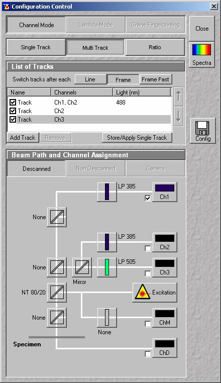Activate tracks Store settings Multi Track Select Channel Mode and Multi Track. Press Add Track for each fluorescent probe.