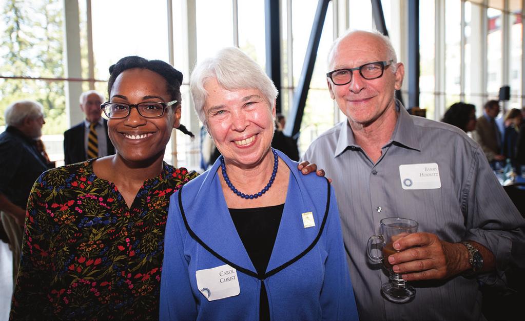 Left photo: Tyler Jeffreys (left) with Chancellor Carol Christ and Barry Horowitz '63.