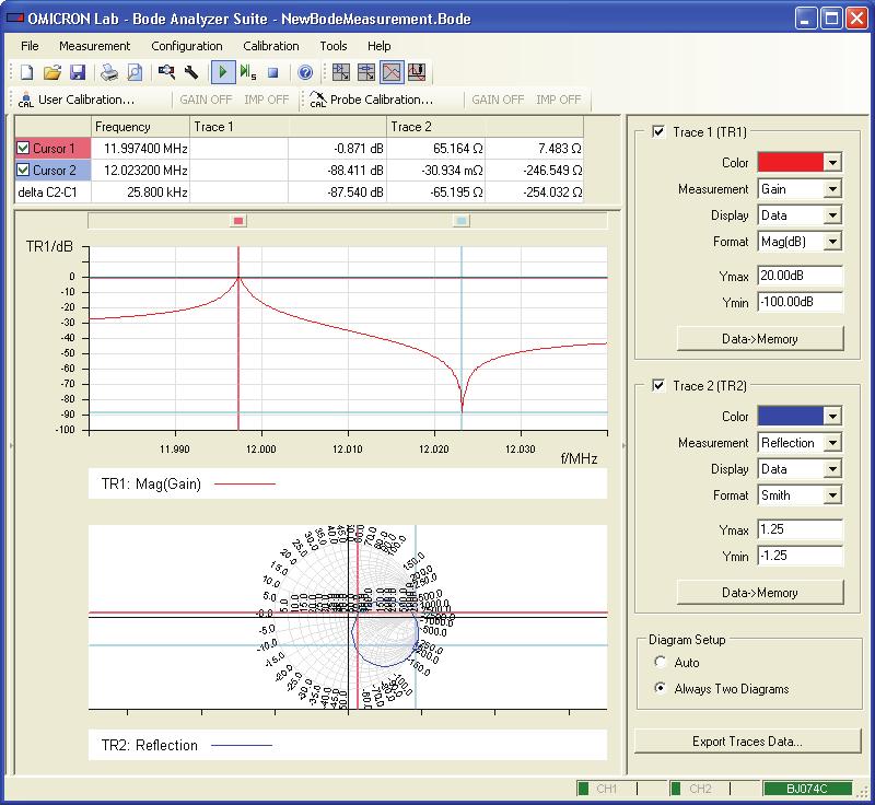 Bode 100 User Manual 14.To find the parallel resonance frequency of the quartz filter, right-click the curve in the upper diagram, point to Cursor 2, and then click Jump to Min.
