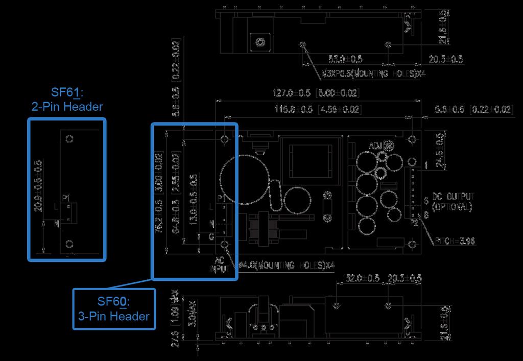 Page: 6 of 7 Mechanical Specification (mm [in]) SF6_P _AR: PCB Style Pin Connection 6-Pin / 8-Pin Header Model Pin 1 2 3 4 5 6 7 8 Single (6-Pin) +V +V +V Rtn Rtn Rtn Dual (6-Pin) V2 V1 V1 Com Com