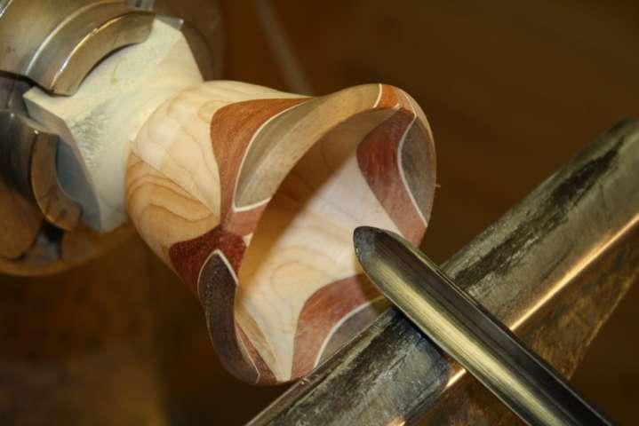 I typically use my favorite tool for almost all of this project- a ½ detail spindle gouge. I can hollow and use it to cut very cleanly inside since this piece is kind of open and easily accessible.