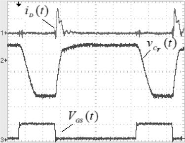 6 Voltage and current of the switch Q 1,v Q2 (t) = 100 V/div, i Q2 (t) = 5 A/div, V GS (t) = 20 V/div, time:0.