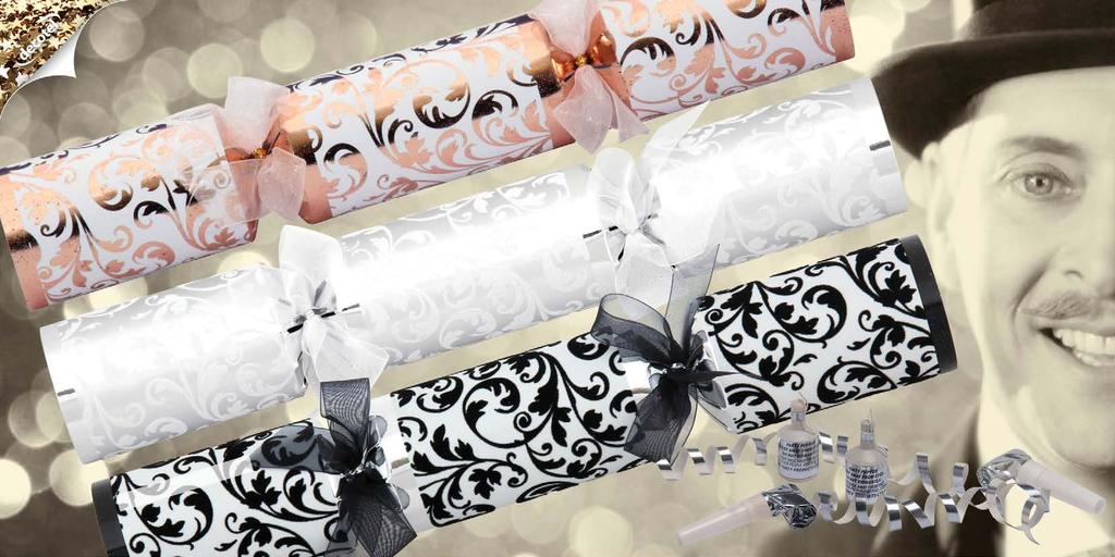 Hollywood top table crackers in velvet flock or rose foil with matching sheer organza bows.