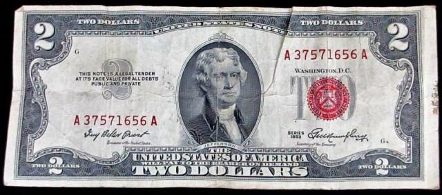 1953 $2 Red Seal note F-1509, 1976 $2 note