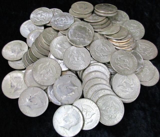 half dollars; 1927, 1928, 1942, 1943, 1945, 5 Franklin