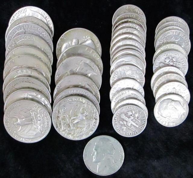 3 Washington quarters; 1964 & prior, 1941 Jefferson nickel, foreign