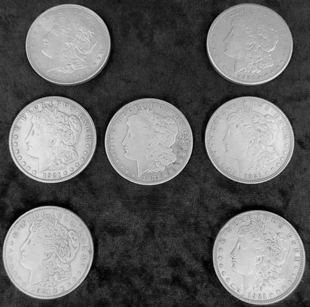 6 Peace Silver dollars; 2 1927, 1928, 1934, 2 1935