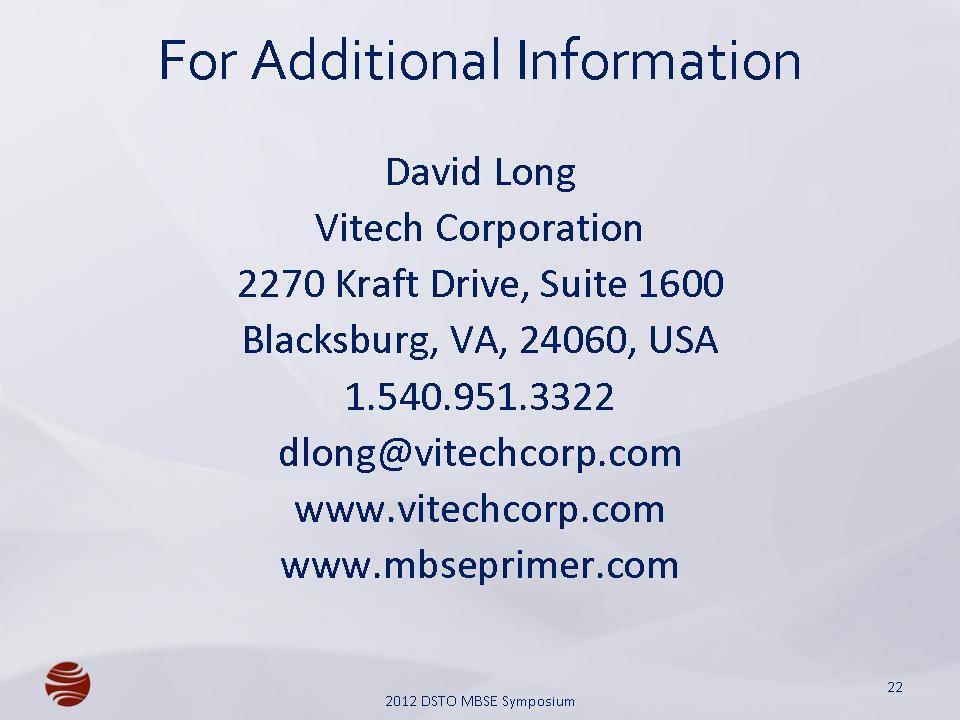 DSTO-GD-0734 For Additional Information David Long Vitech Corporation 2270 Kraft Drive, Suite 1600 Blacksburg, VA,