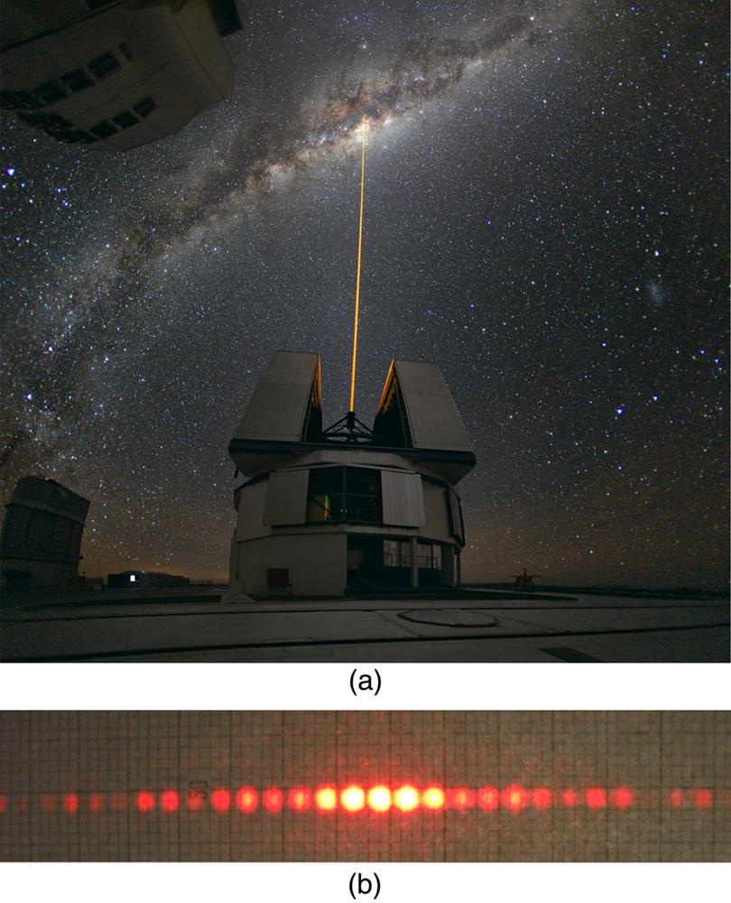 OpenStax-CNX module: m42501 2 Figure 1: (a) The laser beam emitted by an observatory acts like a ray, traveling in a straight line.