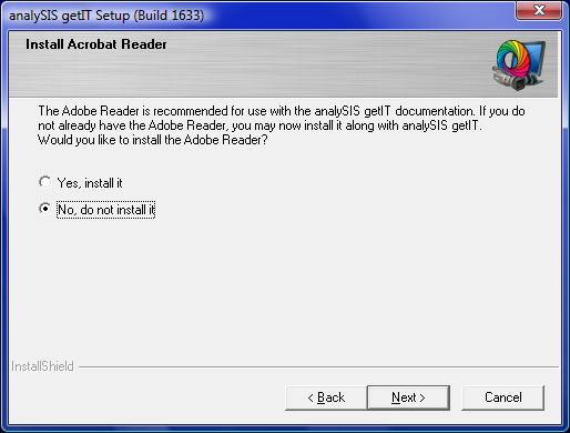 In the next dialog box you decide whether the Acrobat Reader program should be installed automatically together with the getit image acquisition software.