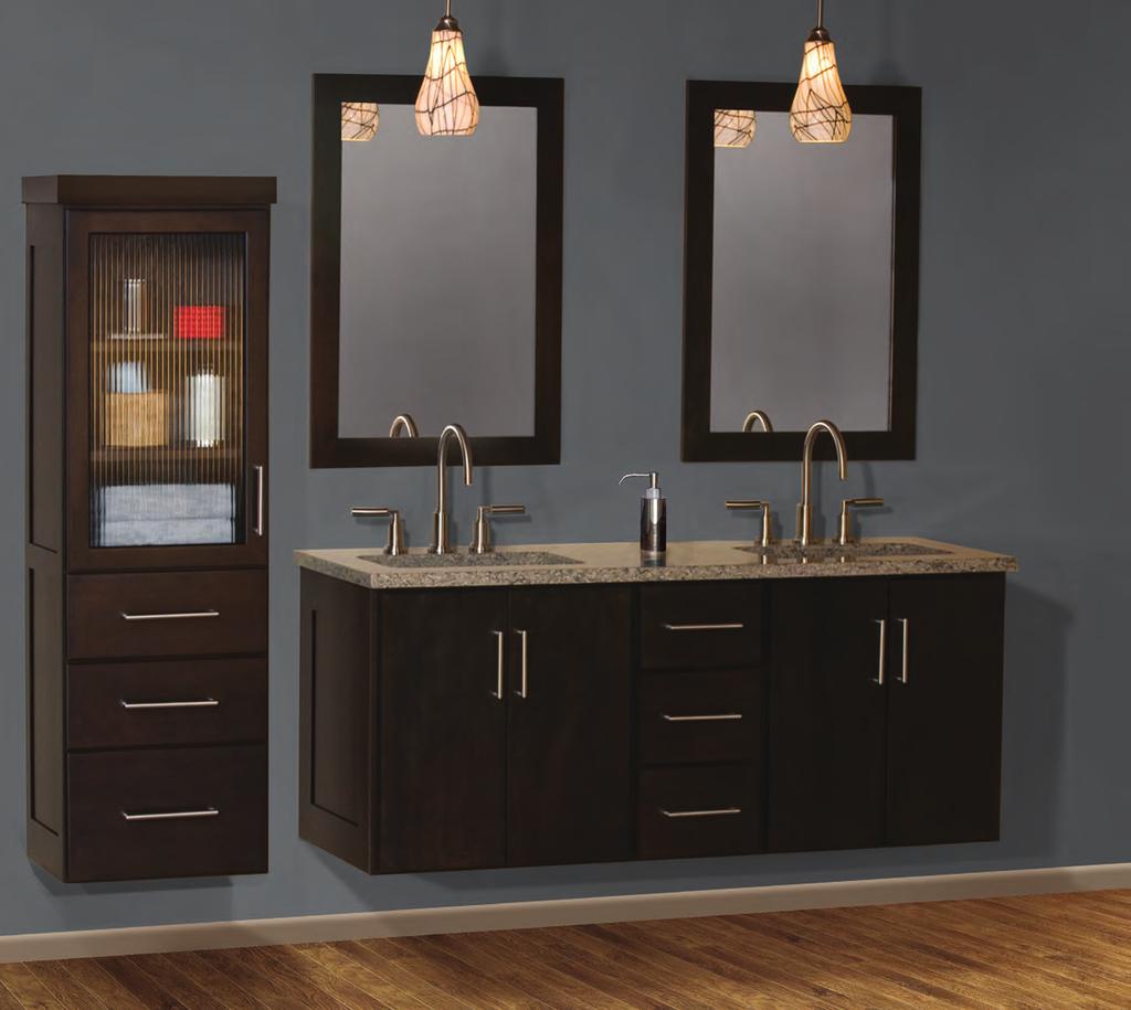 Above: Lambiere wall mount vanity and wall mount linen