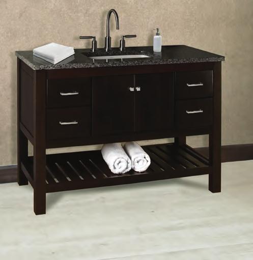 8 Ovation 36 open shelf vanity with one-piece drawers in Oak stained Quarry with White glaze.