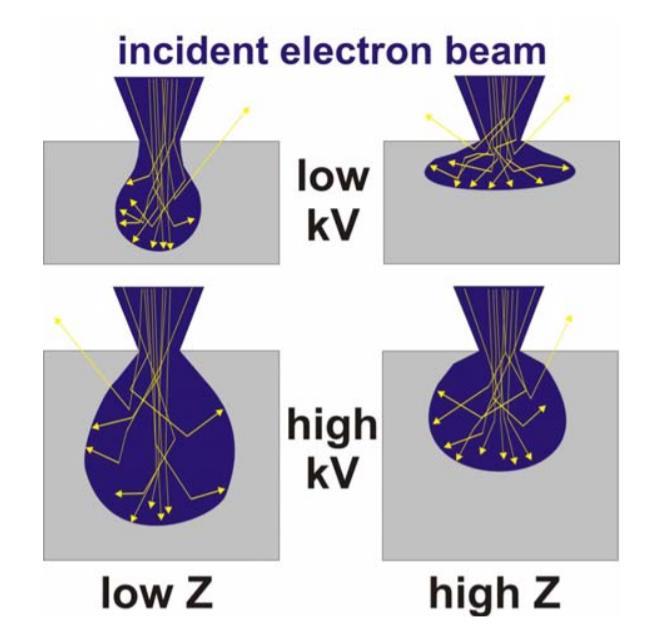 E-beam lithography technic basics Proximity effect Interaction volumes of the incident electron beam (blue) in compact samples (grey) depending on electron energy and atomic number Z.