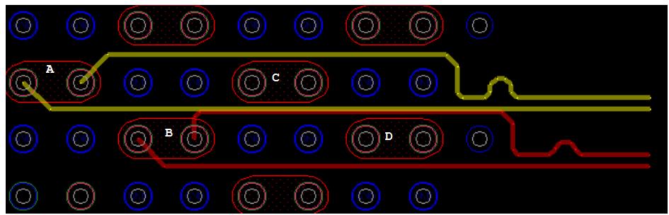 Case1: Conventional Differential Routing with Neck-down and Jog-out The transceiver pair of A and B have been routed on the layer 5 of stackup.