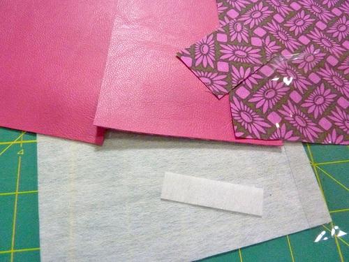 From the interfacing, cut the following: ONE 5½ x 4 rectangle for the cotton panel ONE 2 x ½ strip for the swivel clip tab 4. From the clear vinyl, cut ONE 4¼ x 3½ rectangle for the window. 5. Below are the seven pieces that make up each tag.