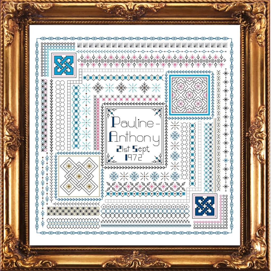 Mirka's Sampler designed for her parents Many sections of the samplers can be used to create needlework accessories, box tops, smaller pictures, borders for table linen etc.