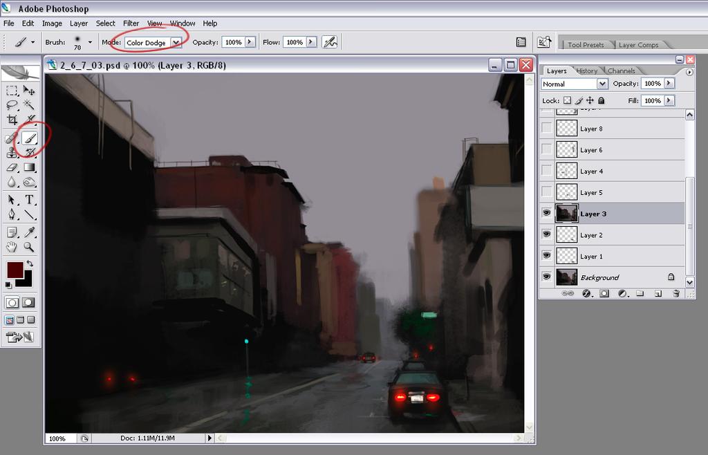 Another Rainy Day Tutorial instead use the Brush tool, and from the drop down menu select colour dodge. Using this setting will preserve colour in your painting and will make it glow.