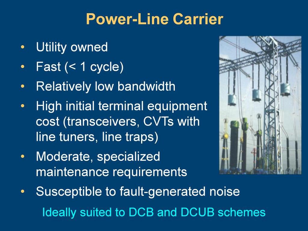 The power-line carrier operates by injecting low-frequency radio band (30 to 200 khz) signals into the power line, using it as the communications medium between line terminals.