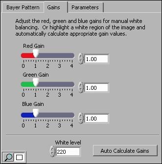 Gains Tab The Gains tab displays controls to adjust the image RGB gains and white level.