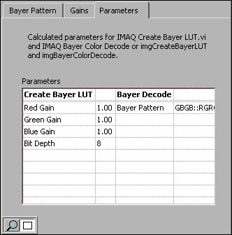 Parameters Tab The Parameters tab displays the calculated RGB gain, bit depth values, and the Bayer encoding pattern for an image.