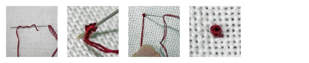 Back to School Biscornu Stitch tutorial French knot: Bring the needle out on the right side of the fabric and twist the cotton 3 times around the needle.