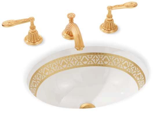 Banded Basins English Ivy Lace shown in Burnished Gold on OE8 Sand Basin Grey Lever Series I Basin