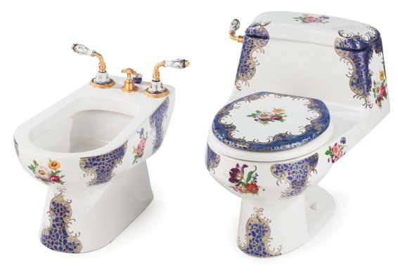 Water Closets and Bidets Blue Floral Chinoiserie 0235 Bidet Lever Set in Gold Plate 0234 Water Closet Trip Lever in Gold Plate Green Mums