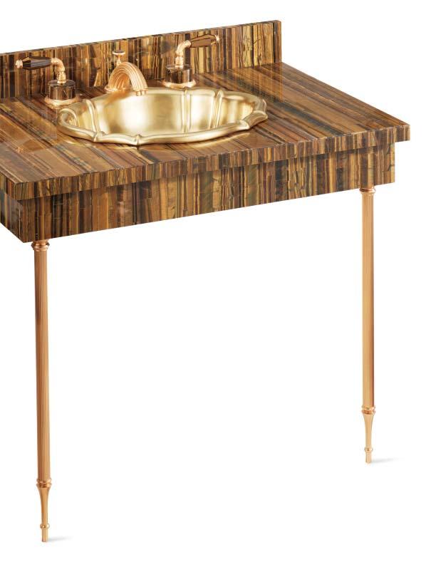 Brown Tiger Eye Semiprecious Stone Counter 0249 with Reeded Leg 4760 Lever Basin Set in Gold