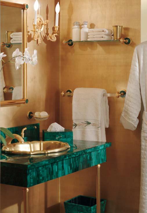 Malachite Counter 0249 shown with Lever Basin Set in Gold Plate, OE3 Basin in