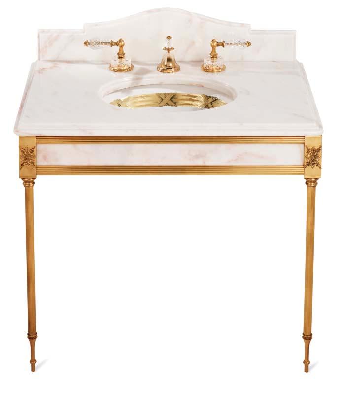 Reeded Console 4208 with Reeded Leg 4760, Rose Aurora Marble Cut Crystal Basin Set in Antique Gold UE15 Basin with Ribbon & Reed
