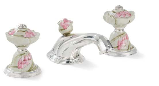 Lotus Knob shown in Green with A Spout in English Silver also available in Blue Floral Chinoiserie Lever shown in Green with A Spout in