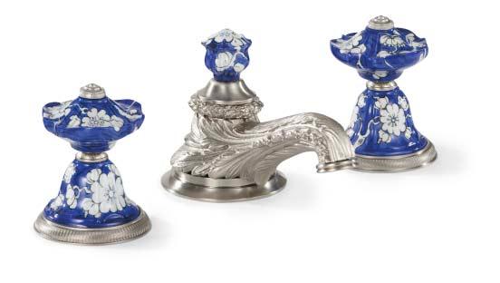 China Basin Sets Ming Blossom Knob shown in Blue with A Spout in Brushed Nickel also available in Pink, Yellow or Brown Mums Lever shown