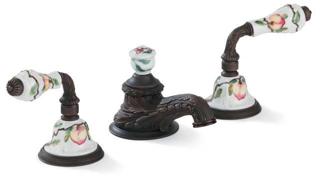 Peaches Lever shown with B Spout in English Patina Summer Garden Lever shown with C Spout in Gold