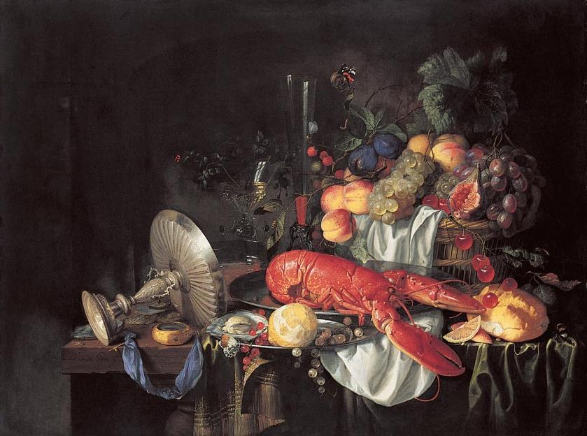 The technique of glazing allows for high degree of realism The slow drying time conceals the hand of the artist Title: Still Life with Lobster Artist: Jan de Heem Date: Late