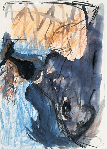Mixing watercolor with drawing materials Title: Untitled Artist: George Baselitz Date: 1981 Source/Museum: Courtesy of The Fogg Art Museum, Harvard University Art Museums, Cambridge,