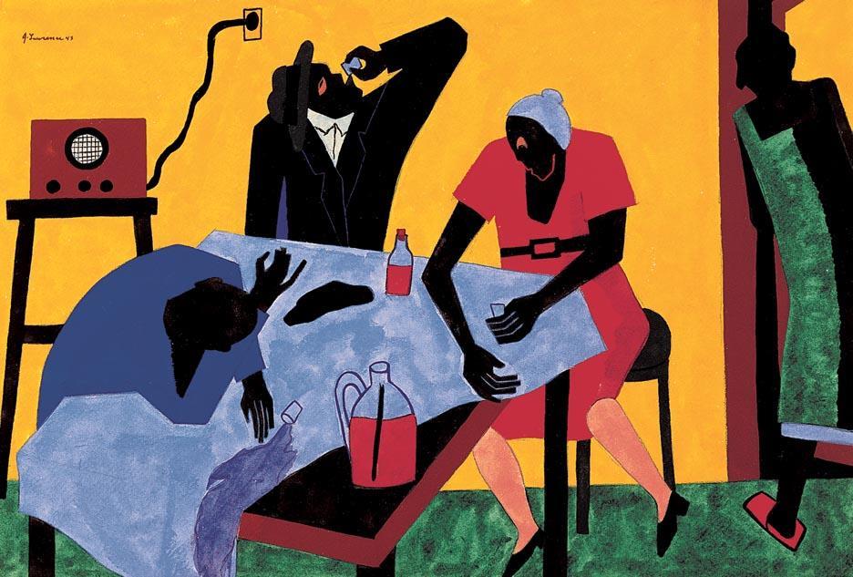 Gouache- very similar to watercolor Title: You can buy bootleg whiskey for twenty-five cents a quart Artist: Jacob Lawrence Date: 1942-1943 Source/Museum: From the Harlem Series,
